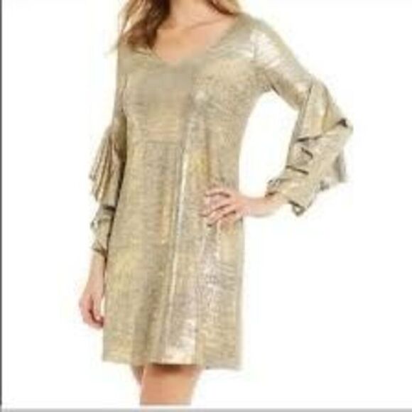Gibson Latimer S Ruffle Statement Sleeve Cocktail Mini Dress Gold Metallic Party - Picture 1 of 10
